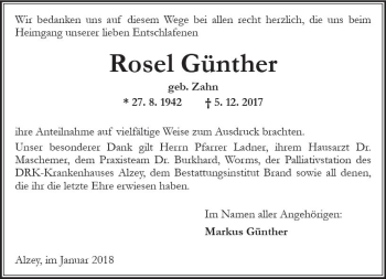 Traueranzeige von Rosel Günther von Trauerportal Rhein Main Presse