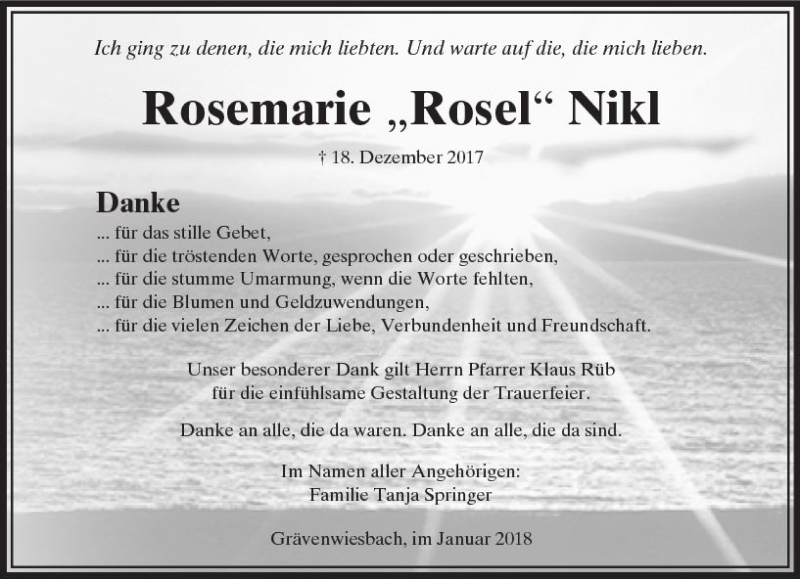  Traueranzeige für Rosemarie  Nikl vom 20.01.2018 aus  Usinger Anzeiger