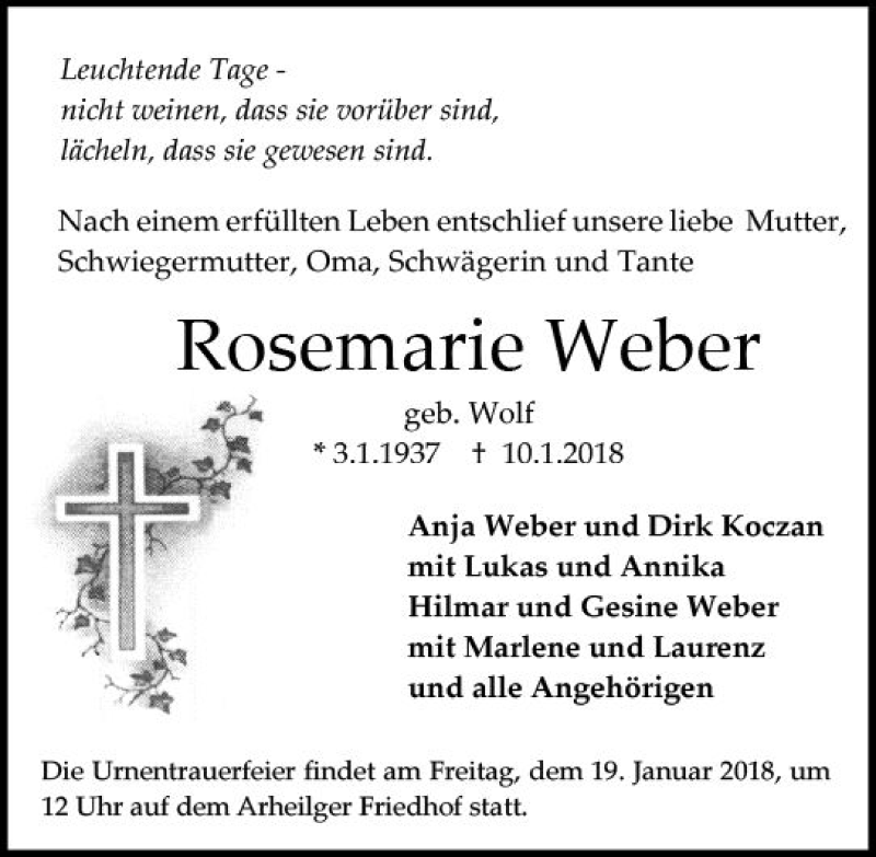  Traueranzeige für Rosemarie Weber vom 16.01.2018 aus Trauerportal Rhein Main Presse