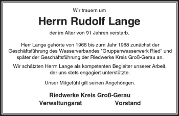 Traueranzeige von Rudolf Lange von Trauerportal Rhein Main Presse