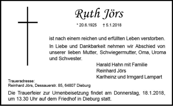 Traueranzeige von Ruth Jörs von Trauerportal Rhein Main Presse