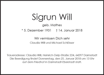 Traueranzeige von Sigrun Will von Trauerportal Rhein Main Presse