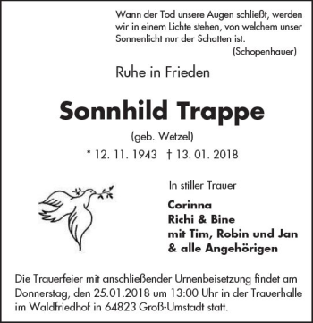 Traueranzeige von Sonnhild Trappe von Trauerportal Rhein Main Presse