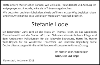 Traueranzeige von Stefanie Lode von Trauerportal Rhein Main Presse