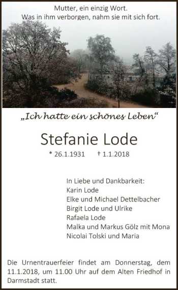 Traueranzeige von Stefanie Lode von Trauerportal Rhein Main Presse
