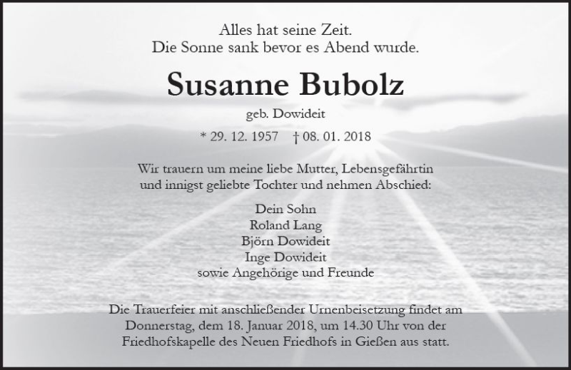  Traueranzeige für Susanne Bubolz vom 13.01.2018 aus  Gießener Anzeiger