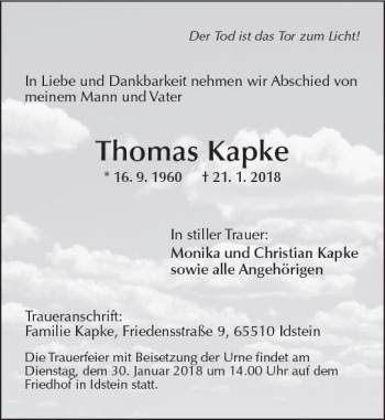 Traueranzeige von Thomas Kapke von Trauerportal Rhein Main Presse