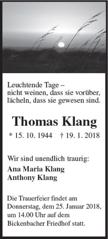 Traueranzeige von Thomas Klang von Trauerportal Rhein Main Presse