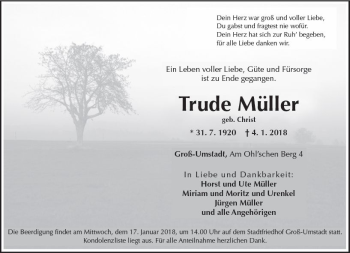 Traueranzeige von Trude Müller von Trauerportal Rhein Main Presse