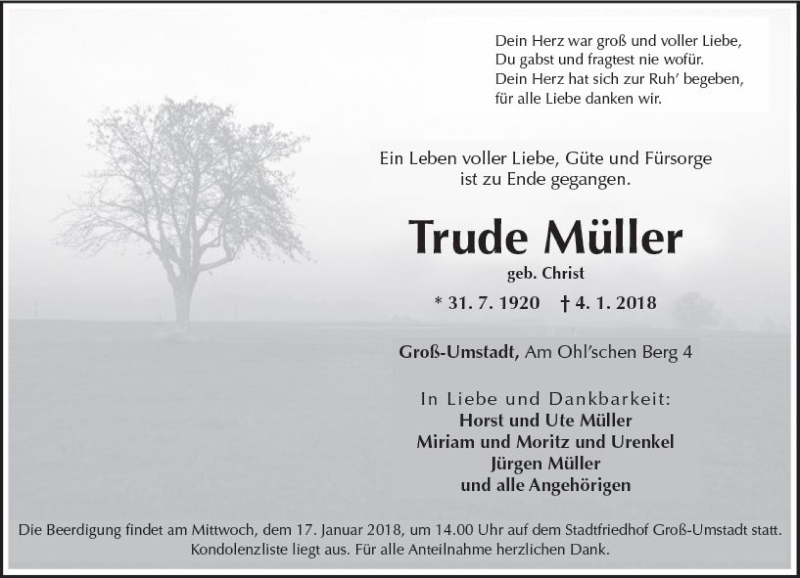  Traueranzeige für Trude Müller vom 12.01.2018 aus Trauerportal Rhein Main Presse
