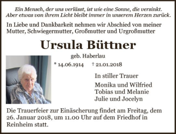 Traueranzeige von Ursula Büttner von Trauerportal Rhein Main Presse