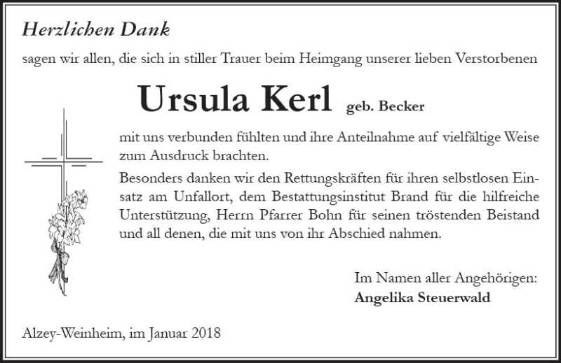  Traueranzeige für Ursula Kerl vom 06.01.2018 aus Trauerportal Rhein Main Presse