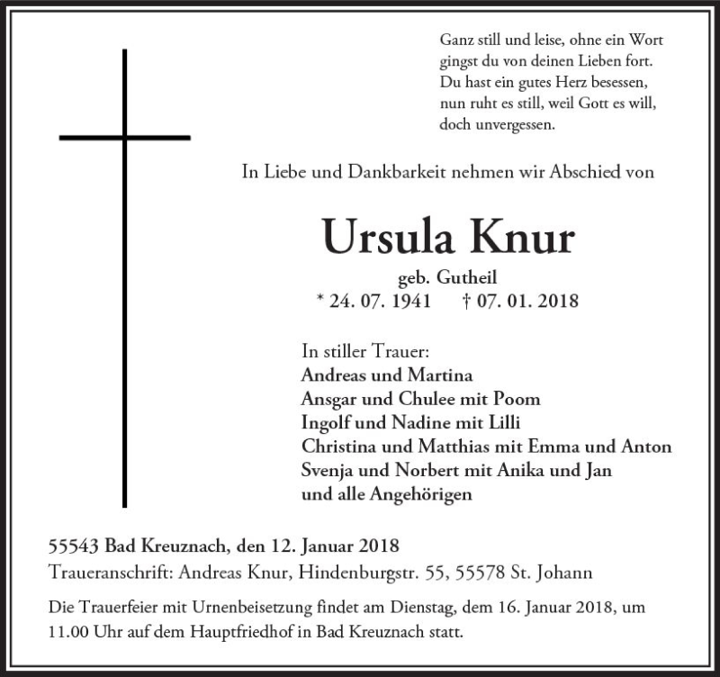  Traueranzeige für Ursula Knur vom 12.01.2018 aus Trauerportal Rhein Main Presse