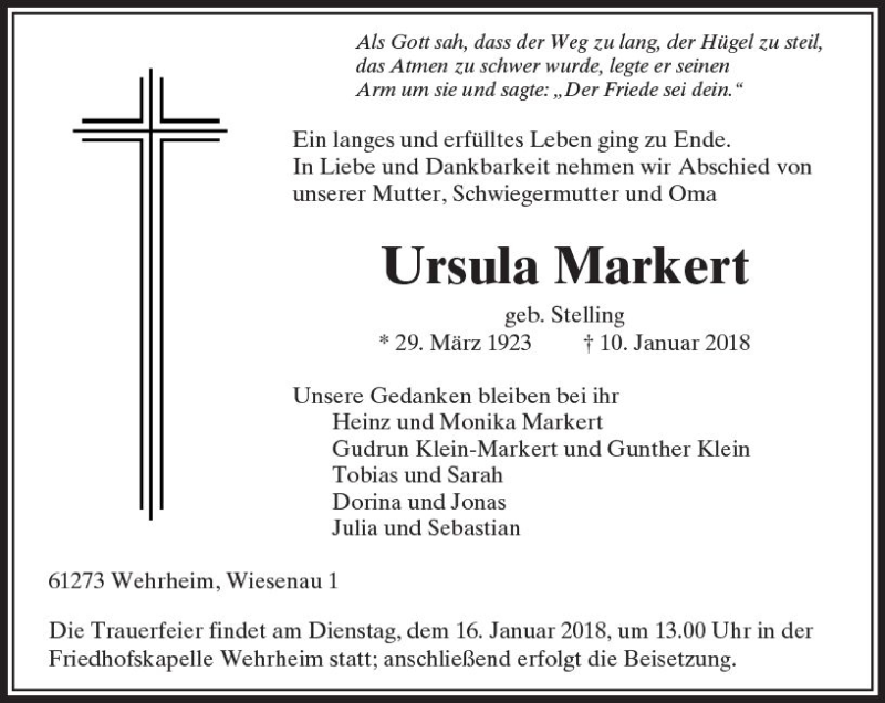  Traueranzeige für Ursula Markert vom 13.01.2018 aus  Usinger Anzeiger