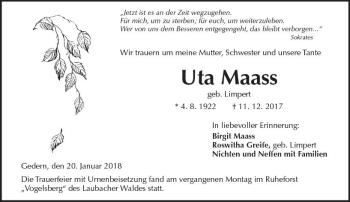 Traueranzeige von Uta Maass von  Kreisanzeiger