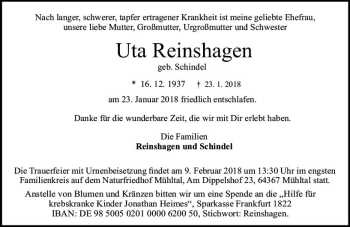 Traueranzeige von Uta Reinshagen von Trauerportal Rhein Main Presse