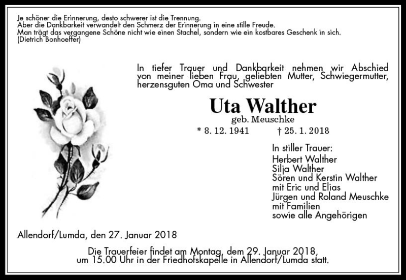  Traueranzeige für Uta Walther vom 27.01.2018 aus  Gießener Anzeiger