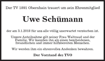 Traueranzeige von Uwe Schümann von  Usinger Anzeiger