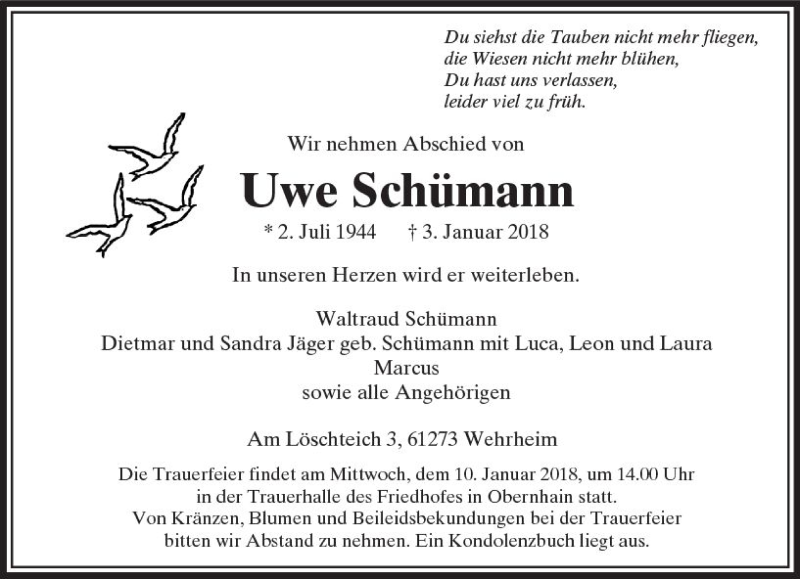  Traueranzeige für Uwe Schümann vom 05.01.2018 aus  Usinger Anzeiger