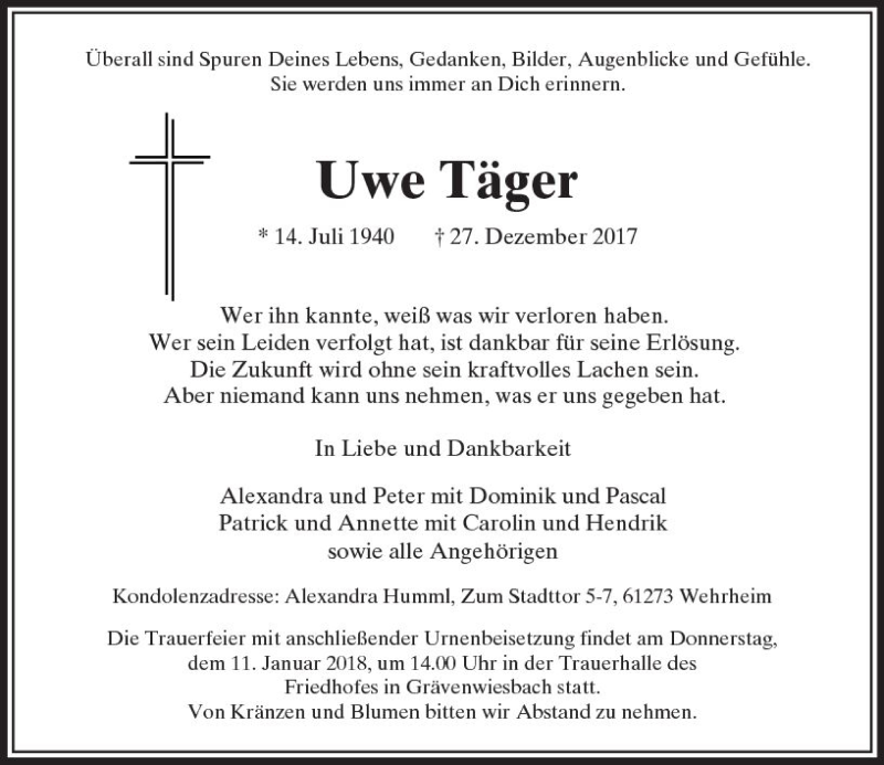  Traueranzeige für Uwe Täger vom 03.01.2018 aus  Usinger Anzeiger
