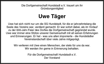 Traueranzeige von Uwe Täger von  Usinger Anzeiger