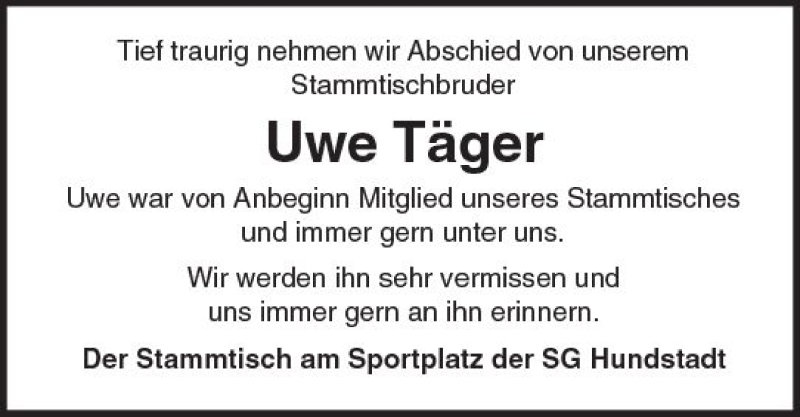  Traueranzeige für Uwe Täger vom 04.01.2018 aus  Usinger Anzeiger