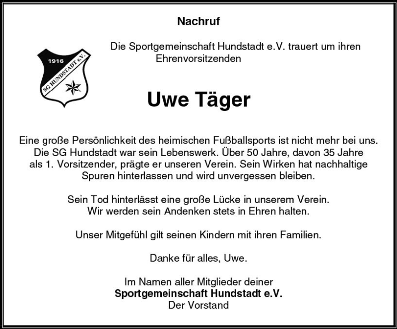  Traueranzeige für Uwe Täger vom 04.01.2018 aus  Usinger Anzeiger