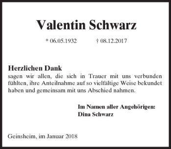Traueranzeige von Valentin Schwarz von Trauerportal Rhein Main Presse