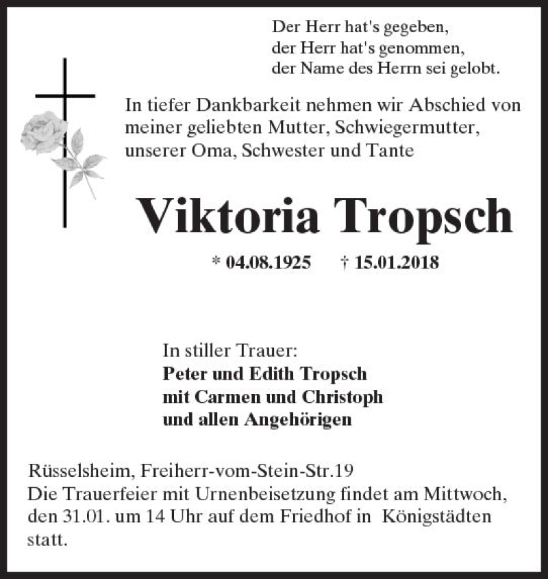  Traueranzeige für Viktoria Tropsch vom 27.01.2018 aus Trauerportal Rhein Main Presse