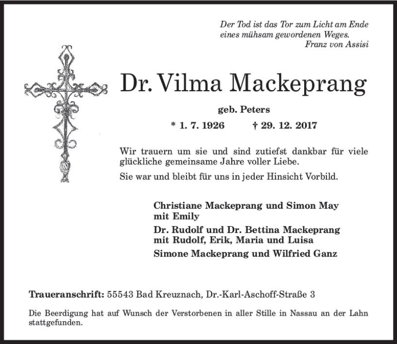  Traueranzeige für Vilma Mackeprang vom 06.01.2018 aus Trauerportal Rhein Main Presse