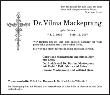 Traueranzeige von Vilma Mackeprang von Trauerportal Rhein Main Presse