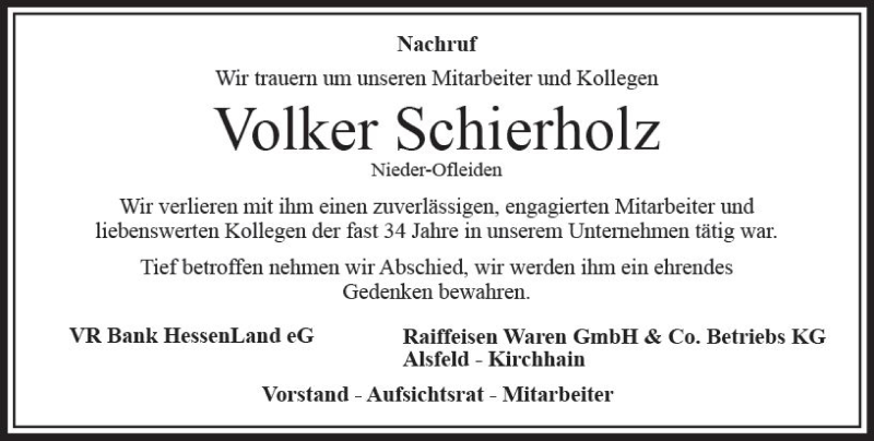  Traueranzeige für Volker Schierholz vom 04.01.2018 aus VRM Trauer