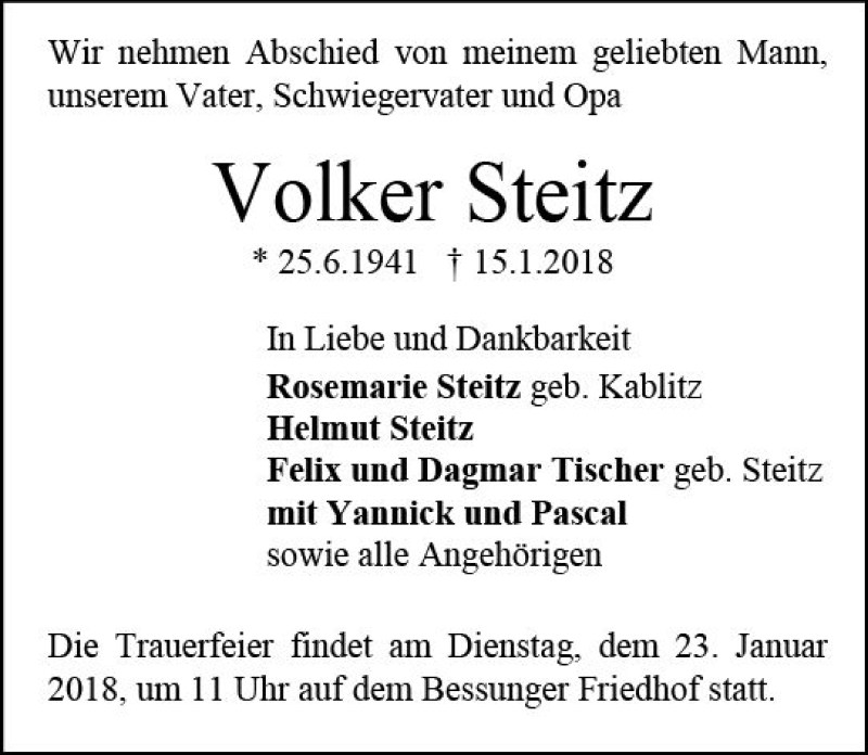 Traueranzeige für Volker Steitz vom 20.01.2018 aus Trauerportal Rhein Main Presse