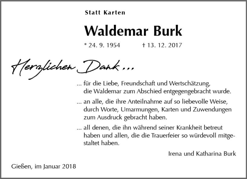  Traueranzeige für Waldemar Burk vom 06.01.2018 aus  Gießener Anzeiger