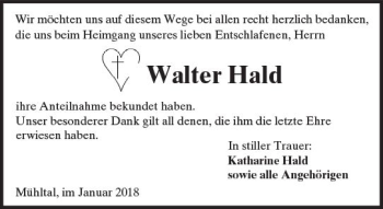Traueranzeige von Walter Hald von Trauerportal Rhein Main Presse