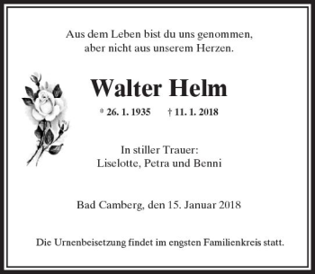 Traueranzeige von Walter Helm von  Camberger Anzeiger