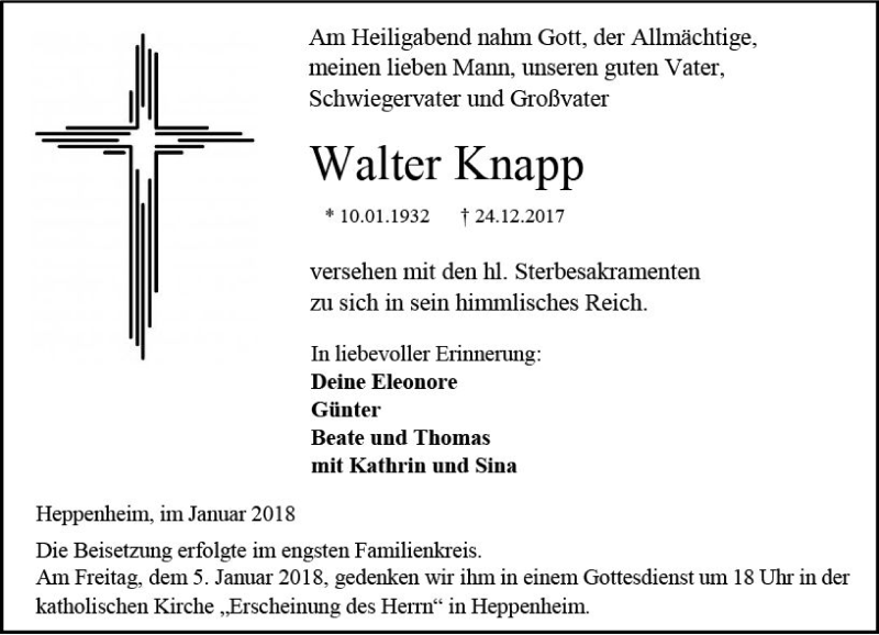  Traueranzeige für Walter Knapp vom 04.01.2018 aus Trauerportal Rhein Main Presse