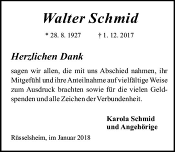 Traueranzeige von Walter Schmid von Trauerportal Rhein Main Presse