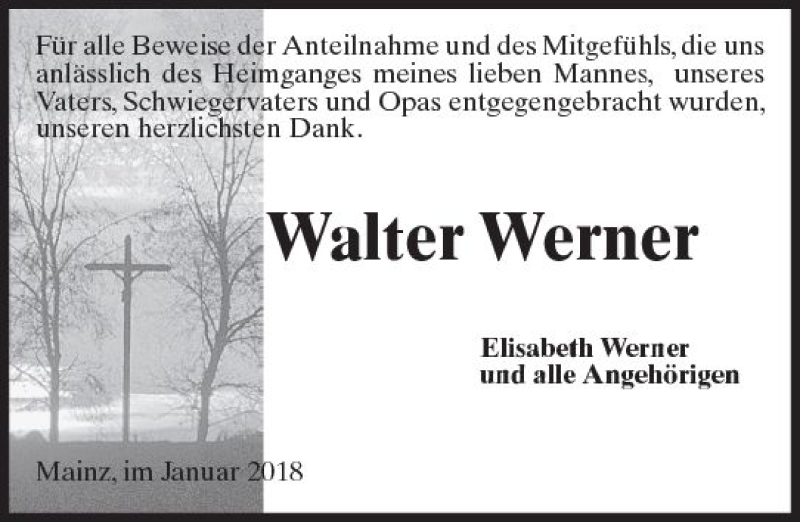  Traueranzeige für Walter Werner vom 13.01.2018 aus Trauerportal Rhein Main Presse