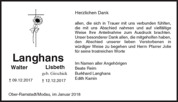 Traueranzeige von Walter und Lisbeth Langhans von Trauerportal Rhein Main Presse