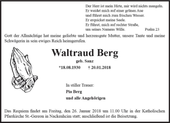 Traueranzeige von Waltraud Berg von Trauerportal Rhein Main Presse