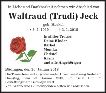 Traueranzeige von Waltraud Jeck von  Kreisanzeiger