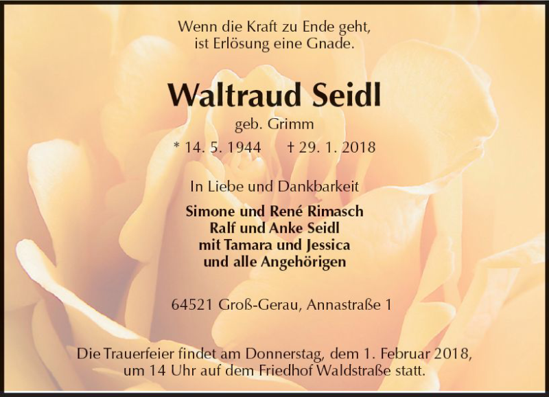  Traueranzeige für Waltraud Seidl vom 31.01.2018 aus Trauerportal Rhein Main Presse