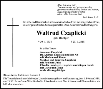 Traueranzeige von Waltrud Czaplicki von Trauerportal Rhein Main Presse