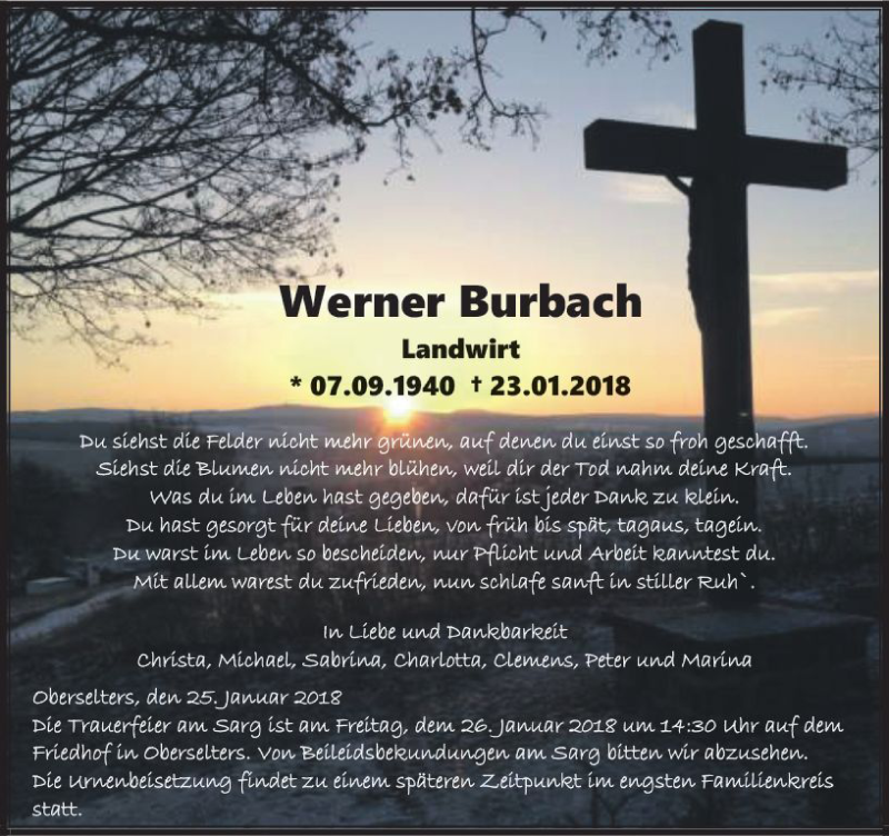  Traueranzeige für Werner Burbach vom 25.01.2018 aus  Camberger Anzeiger