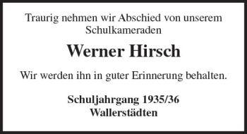 Traueranzeige von Werner Hirsch von Trauerportal Rhein Main Presse