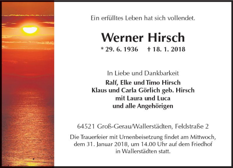  Traueranzeige für Werner Hirsch vom 27.01.2018 aus Trauerportal Rhein Main Presse