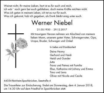 Traueranzeige von Werner Niebel von Trauerportal Rhein Main Presse