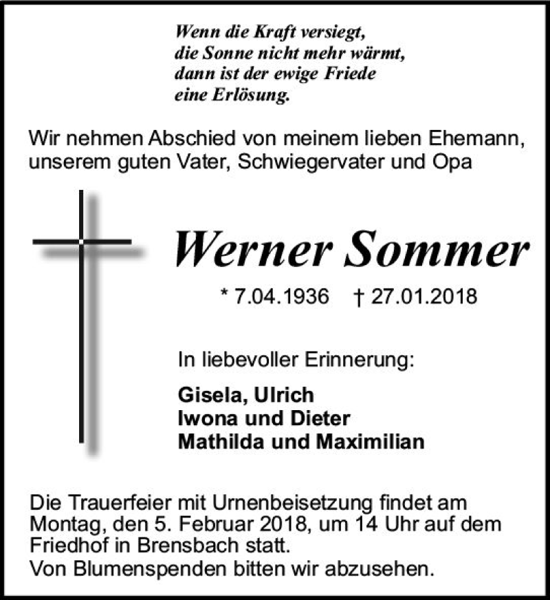  Traueranzeige für Werner Sommer vom 31.01.2018 aus Trauerportal Rhein Main Presse
