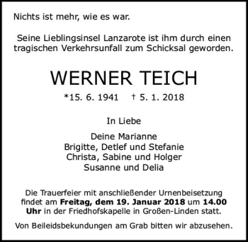 Traueranzeige von Werner Teich von  Gießener Anzeiger